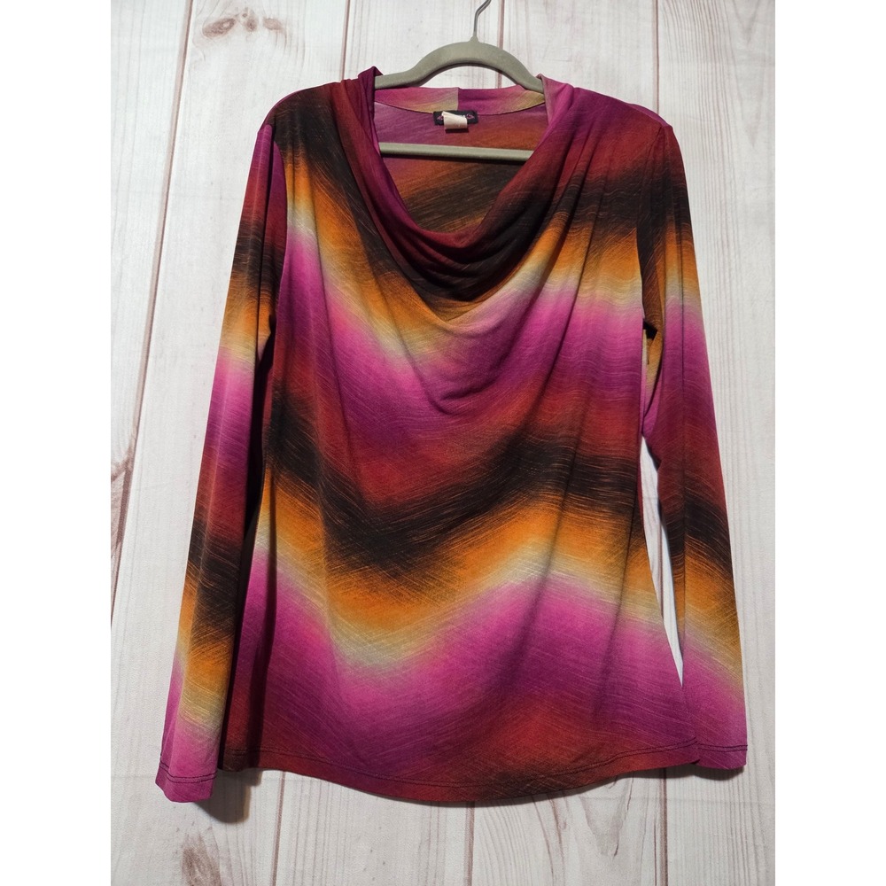 Cocomo‎ Womens Long Sleeve Cowl Neck Top Sunset Ombre Chevron Purple Orange L